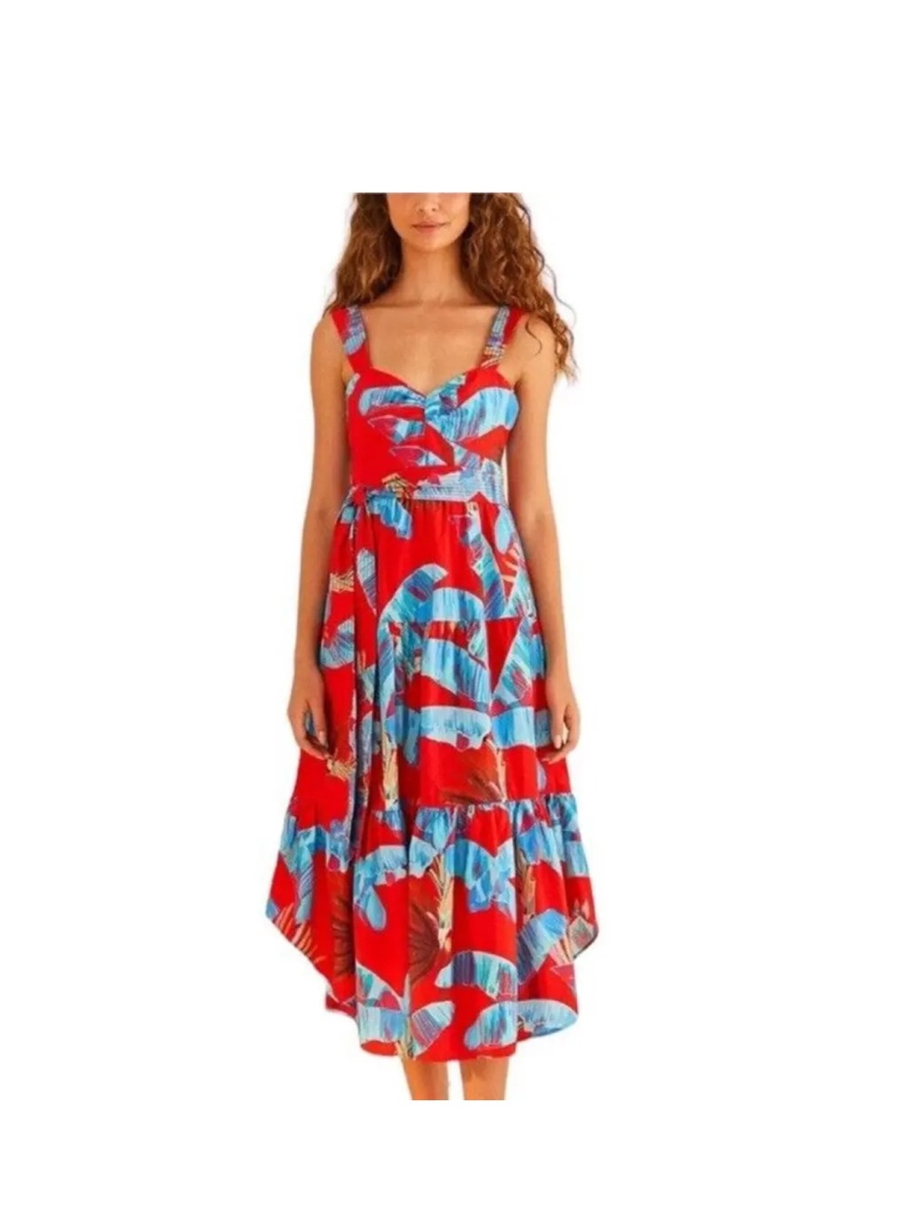FARM Rio Red and Teal Tropical Print Dress